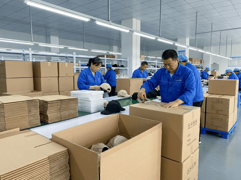 Factory production line with workers assembling caps
